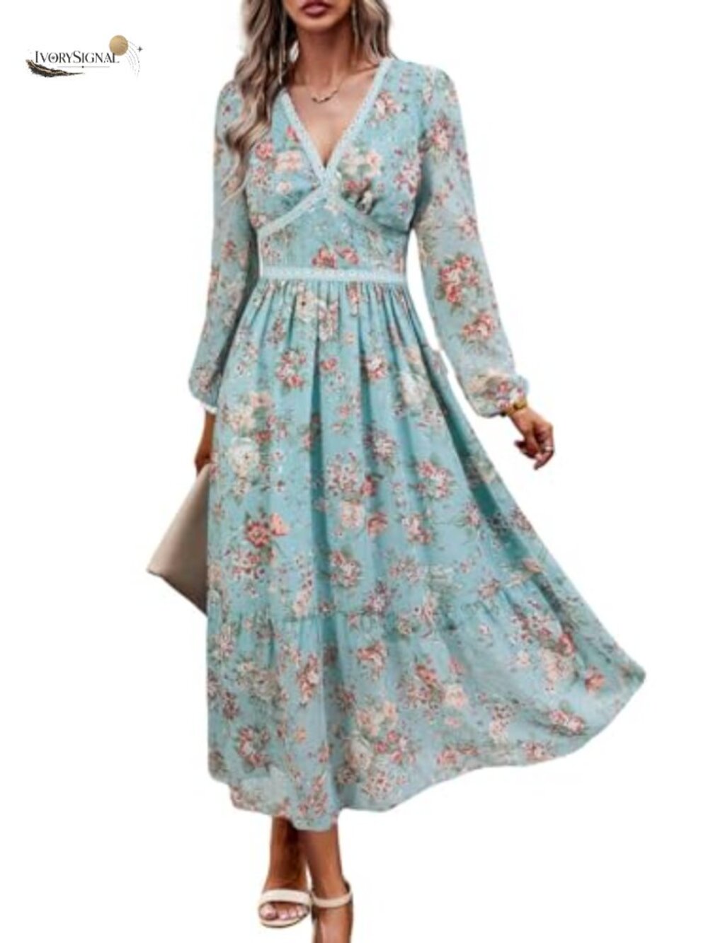 Floral Wrap Maxi Dress V Neck Long Sleeve Chiffon Wedding Guest Party